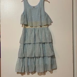 Girls light blue dress with gold dots and belt